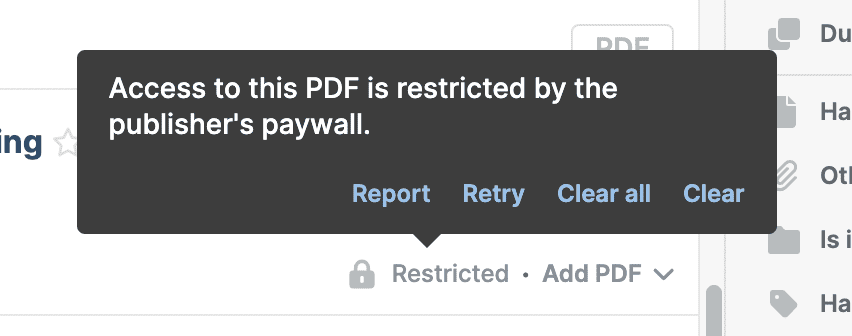 A “Restricted · Add PDF” status on a reference with a tooltip reading “Access to this PDF is restricted by the publisher’s paywall.” and Report, Retry, “Clear all” and Clear links.
